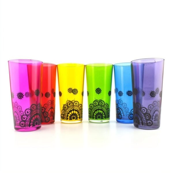 Six jewel-tone henna tea cups with hand-painted black mandala patterns on glass