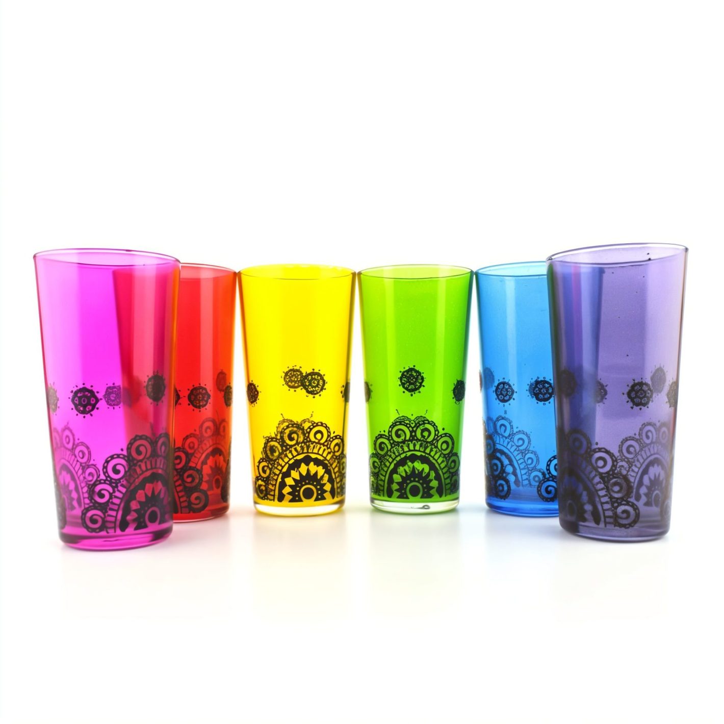 Colored Glasses Tea Cups (Set of 6) – Stylish and Versatile Set of 6 colored glass tea cups with black henna mandala design in rainbow gradient arrangement on white background