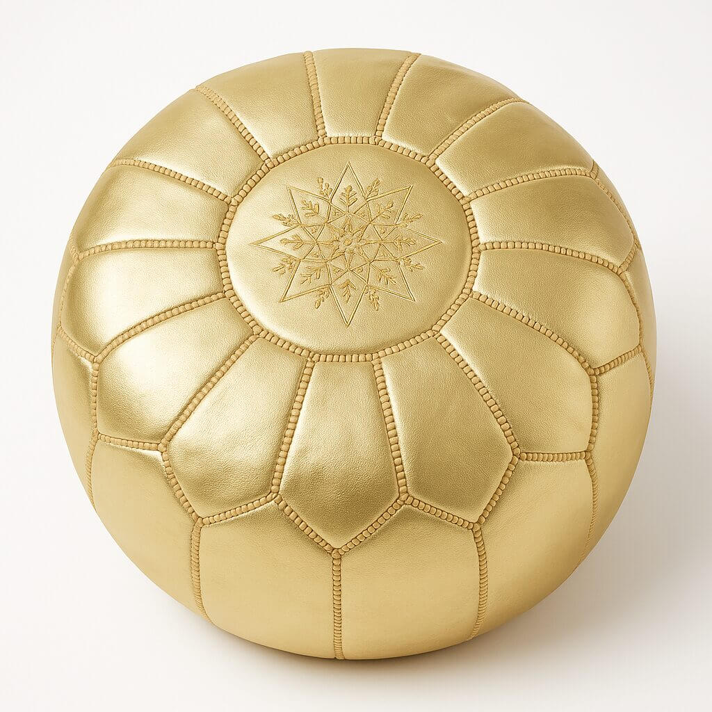 Handcrafted Moroccan Leather Pouf Gold Gold leather floor ottoman with star embroidery and hand-stitched panels on neutral background