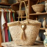 Gold straw bag close-up showing herringbone palm leaf weave, gold braided trim, and tassel