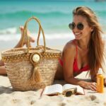 Gold straw bag carried at beach, handwoven palm leaf tote with braided trim and gold tassel