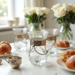 Clear glass tea cups with handle in silver filigree holders on a Moroccan tray with white roses
