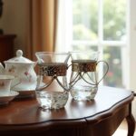 Moroccan glass tea cups with handle in silver metal sleeves on a wood table beside a traditional teapot
