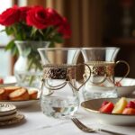 Glass tea cups with handle in silver filigree sleeves with red roses and white macarons on a grey surface