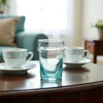 Single handblown beldi tea glass in aqua-blue on coffee table displaying organic shape and color gradient