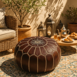 Genuine leather floor ottoman with geometric stitching on outdoor patio with Moroccan tea setting