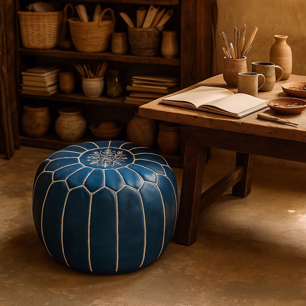 Blue leather pouf with intricate embroidery in a sunlit artisan workspace with clay tools and ceramics.