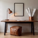 Modern workspace with square leather ottoman