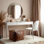Square leather ottoman at vanity table as seating stool in neutral bedroom with round mirror