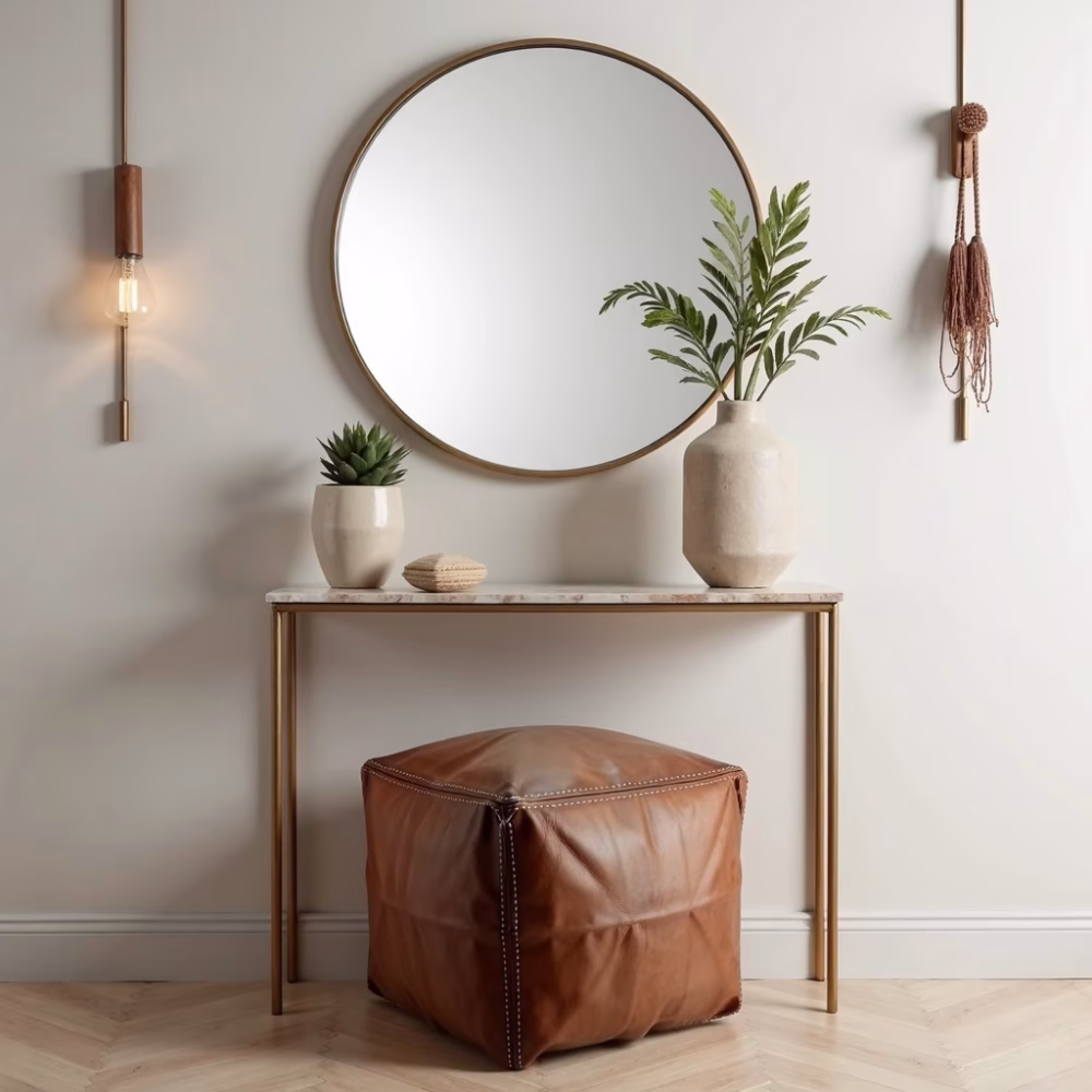 Handcrafted leather ottoman with white stitching by console table