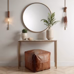 Handcrafted leather ottoman with white stitching by console table