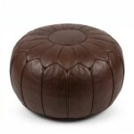 A handcrafted Moroccan Chocolate Brown Ottoman made of genuine leather, featuring a classic stitched panel design on a clean white background.