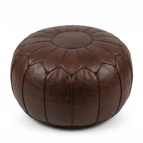 A handcrafted Moroccan Chocolate Brown Ottoman made of genuine leather, featuring a classic stitched panel design on a clean white background.