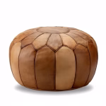 Classic round ottoman pouf in light brown leather with radial design