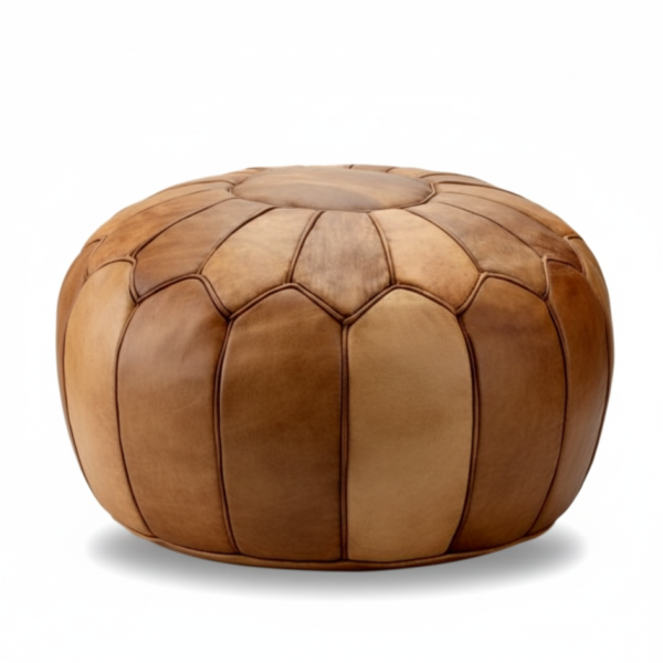 Classic round ottoman pouf in light brown leather with radial design