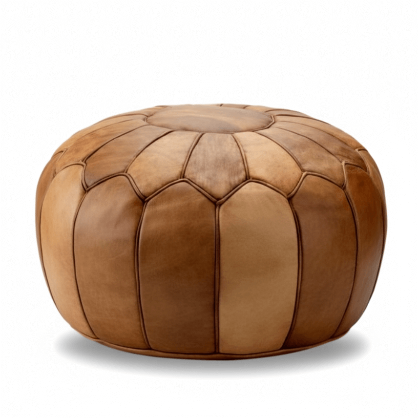 Classic round ottoman pouf in light brown leather with radial design-1 Tan leather round ottoman with scalloped panel design and contrast stitching, handcrafted floor pouf seating