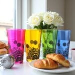 Lifestyle view of colorful henna tea cups served with pastries for traditional Moroccan mint tea