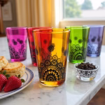 Vibrant tea glasses with black patterns on marble
