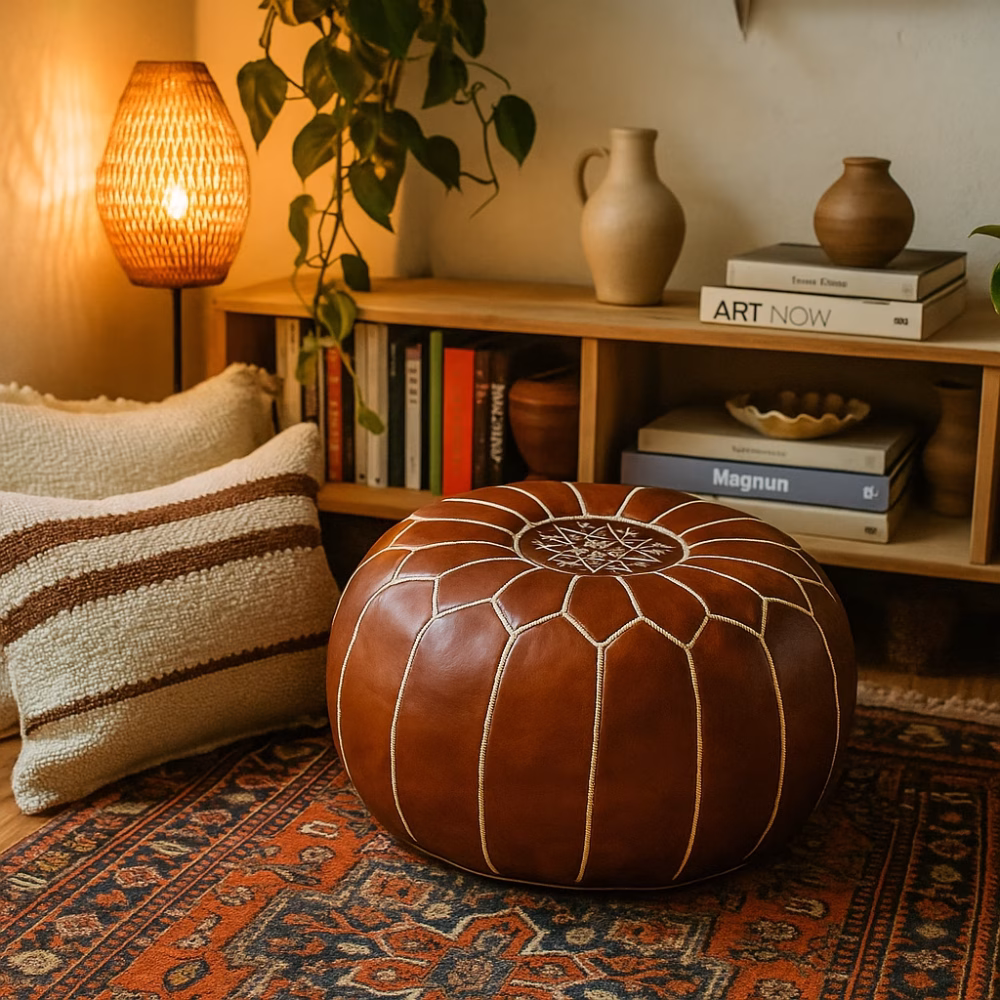 Cozy bohemian nook with a leather pouf brown, layered textiles, and warm lighting perfect for reading.
