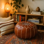 Cozy bohemian nook with a leather pouf brown, layered textiles, and warm lighting perfect for reading.