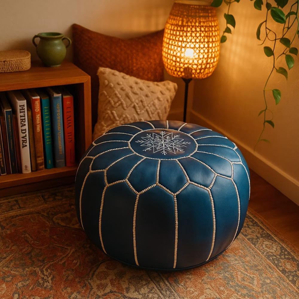 Cozy reading nook with a leather pouf blue, accented by warm lighting and woven textures.
