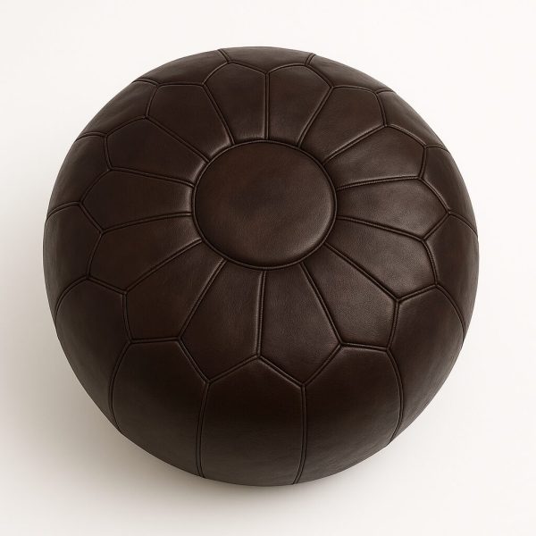 Dark brown leather pouf ottoman with classic panel design