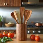 Lemon wood kitchenware 12" boho utensils in wooden holder with fresh tomatoes and basil on countertop