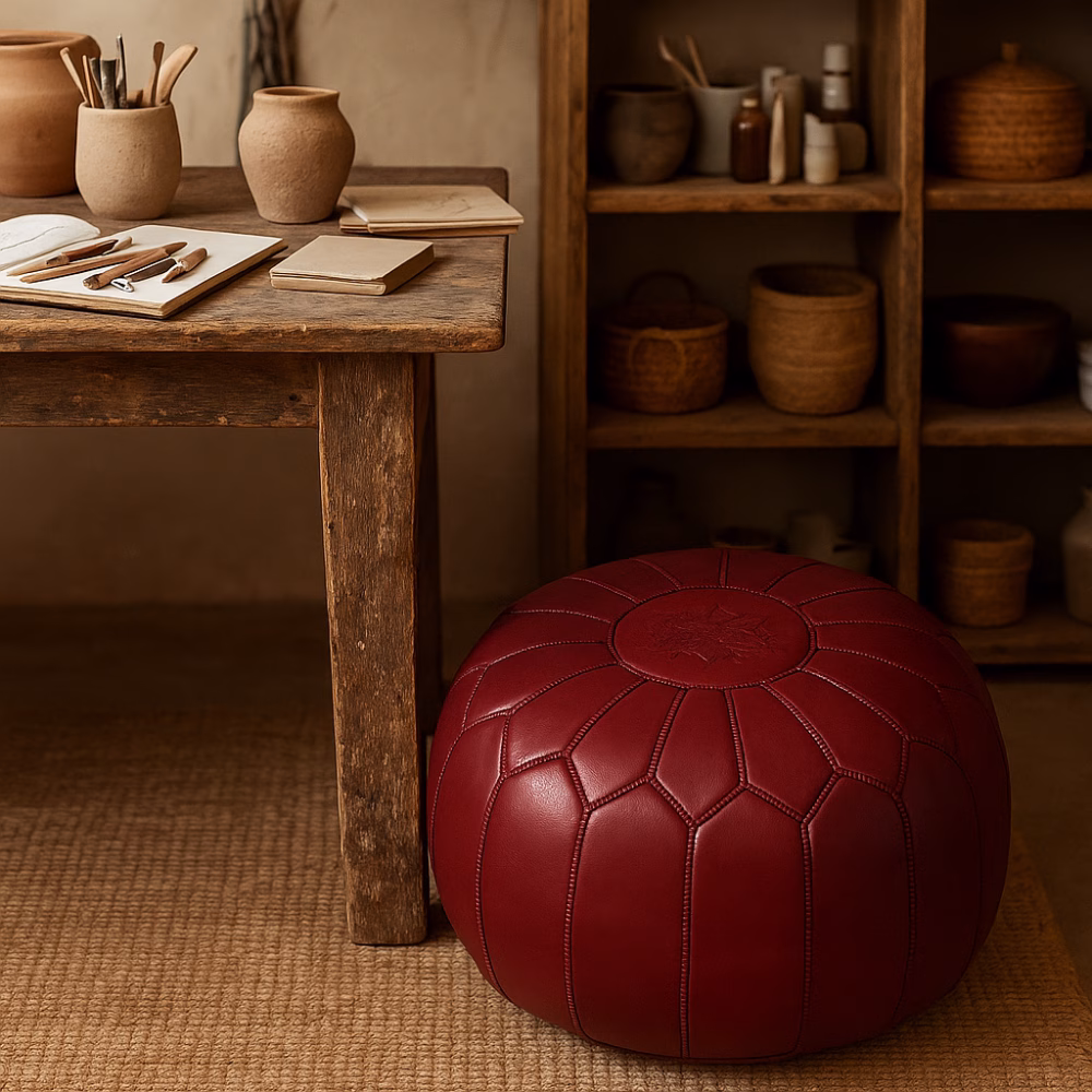 Deep Red Leather Pouf Round in artisan studio setting with pottery and wooden desk.