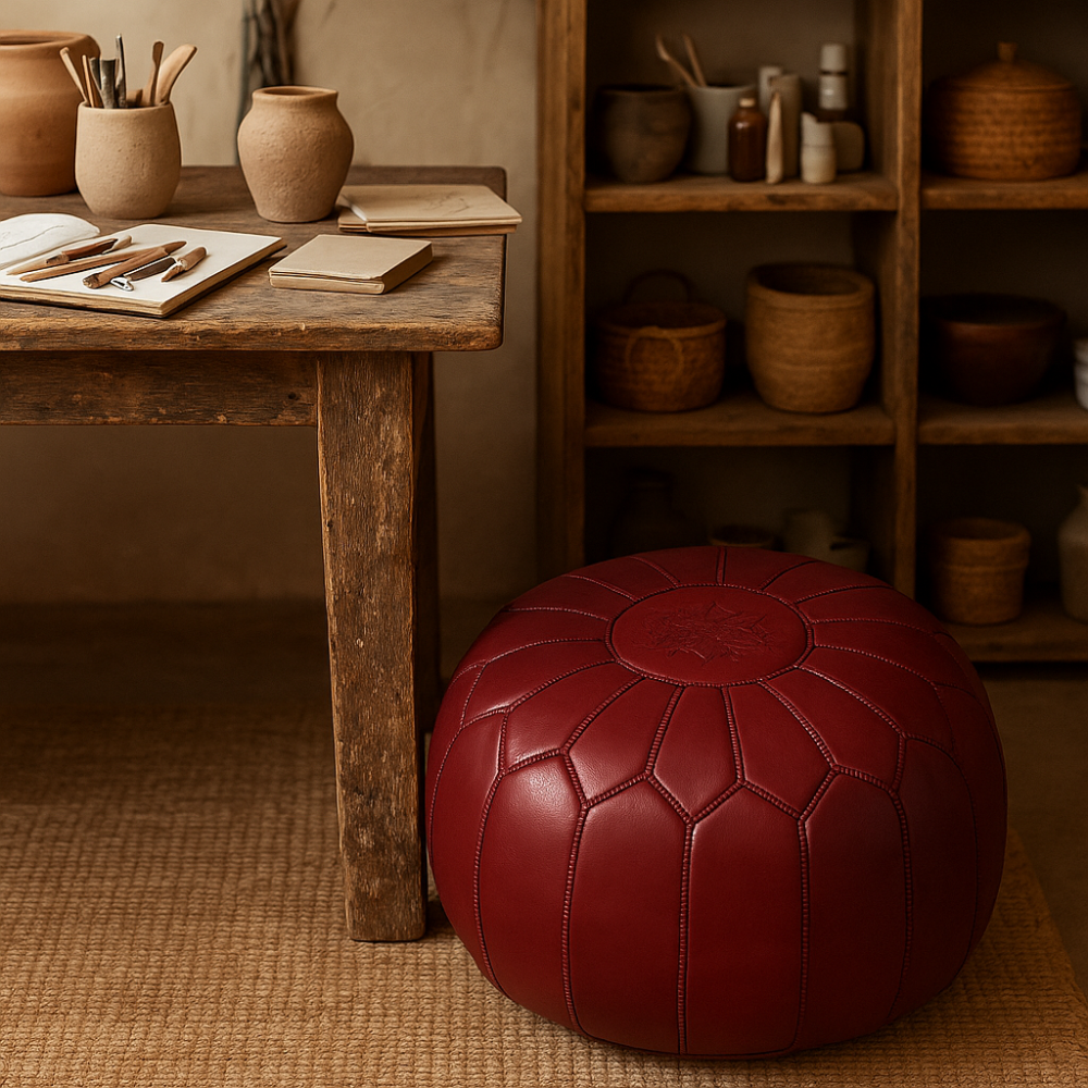 Deep Red Leather Pouf Round in artisan studio setting with pottery and wooden desk.