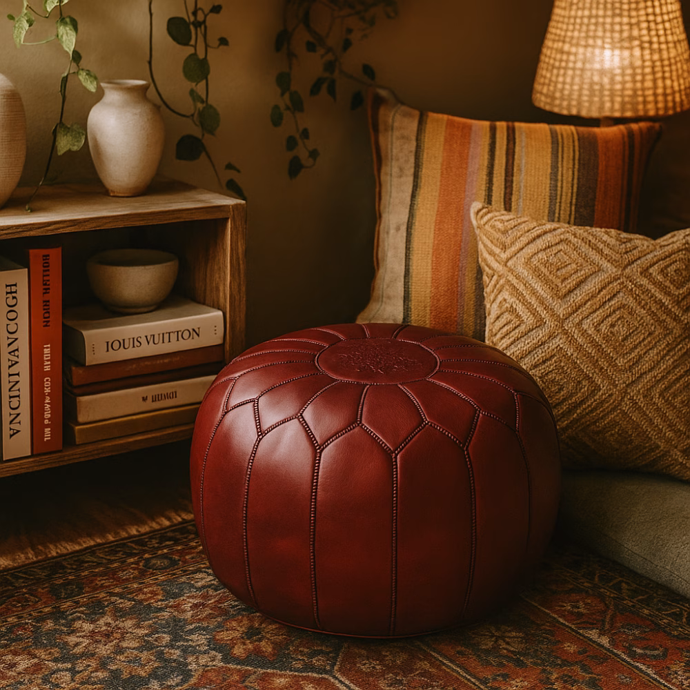 Deep Red Leather Pouf Round in cozy bohemian reading nook with rug and striped cushions.