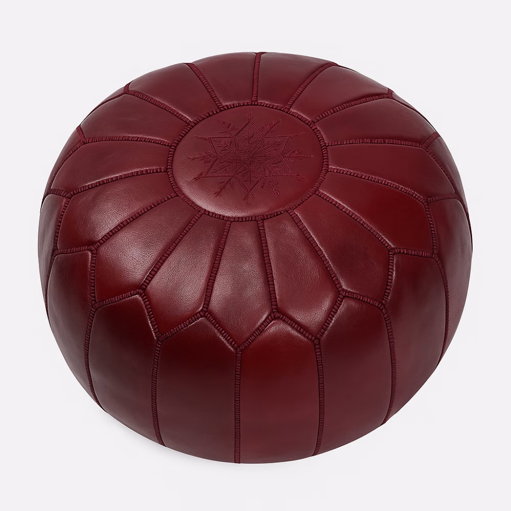 Deep Red Leather Pouf Round with Moroccan embroidery, displayed on plain background.
