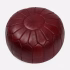 Deep Red Leather Pouf Round with Moroccan embroidery, displayed on plain background.