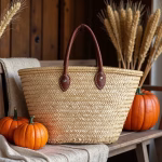 Handwoven straw bag with autumn harvest styling