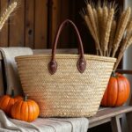 Straw tote bag with leather handles on rustic shelf near pumpkins - fall market basket decor