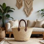 Natural straw tote bag on beige sofa - woven market basket with brown leather handles and metal snaps