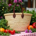 Handwoven straw tote bag with leather handles filled with baguettes - French market grocery basket