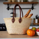 Market straw bag with leather handles and fresh baguettes