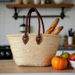 Natural straw tote bag with fresh produce and tomatoes - eco-friendly woven market basket for shopping