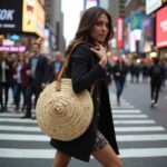 Round straw bag on Times Square crosswalk, woman carrying circular woven basket tote, bohemian summer accessory