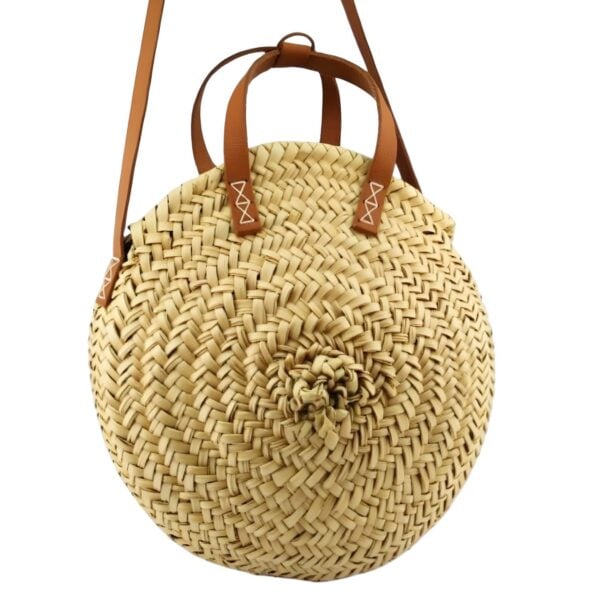 Round straw bag with leather handles and herringbone weave, handwoven circular tote for beach and everyday use