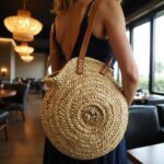 Lifestyle shot of round straw bag worn by woman in black outfit, handwoven circle tote with leather handles