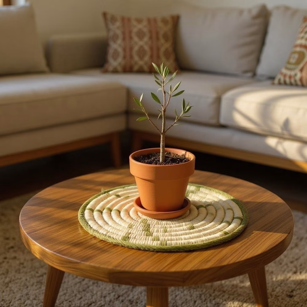 Eco-friendly straw placemat protecting a coffee-table while showcasing a potted olive sapling