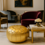 Luxurious gold leather floor ottoman pouf beside coffee table in elegant modern living room