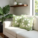 Sage green cushion covers styled with monstera plant