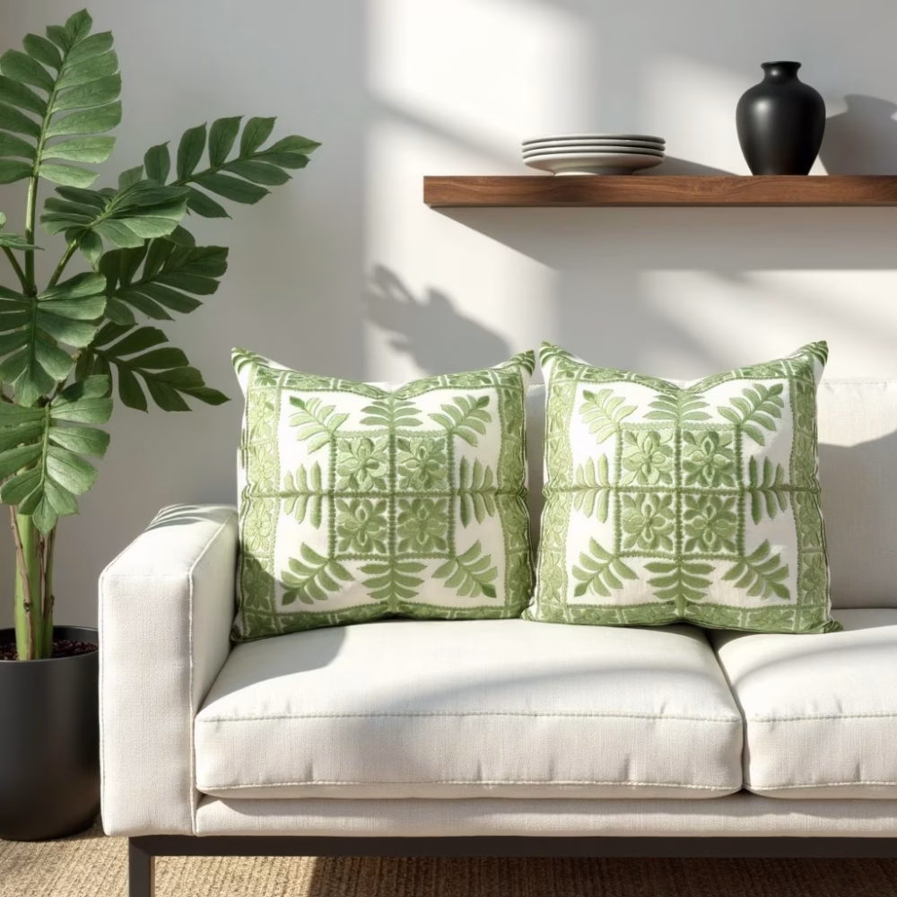 Set of green geometric cushion covers on white sofa