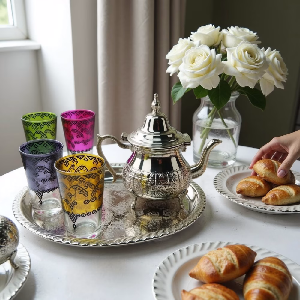 Tea service with pastries and flowers