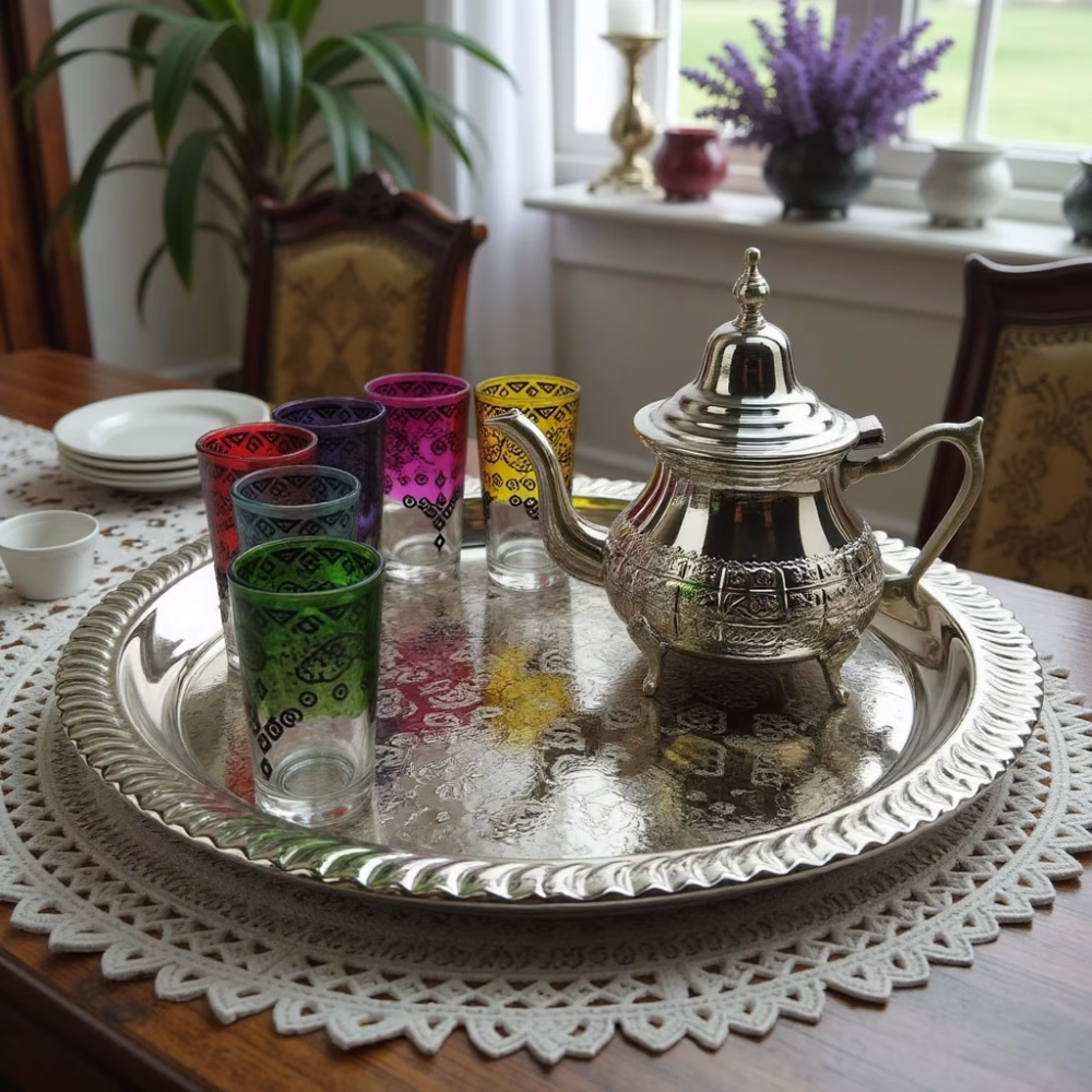Moroccan silver tea set in dining setting