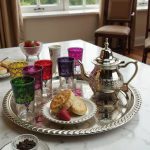 Complete silver tea set with colorful glasses
