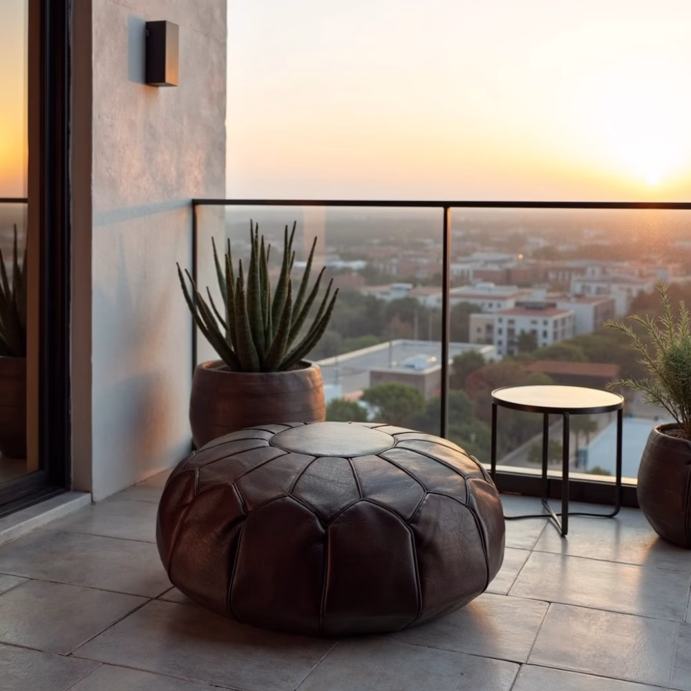 Moroccan leather pouf ottoman on outdoor terrace at sunset
