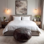 Handcrafted pouf ottoman in modern bedroom setting